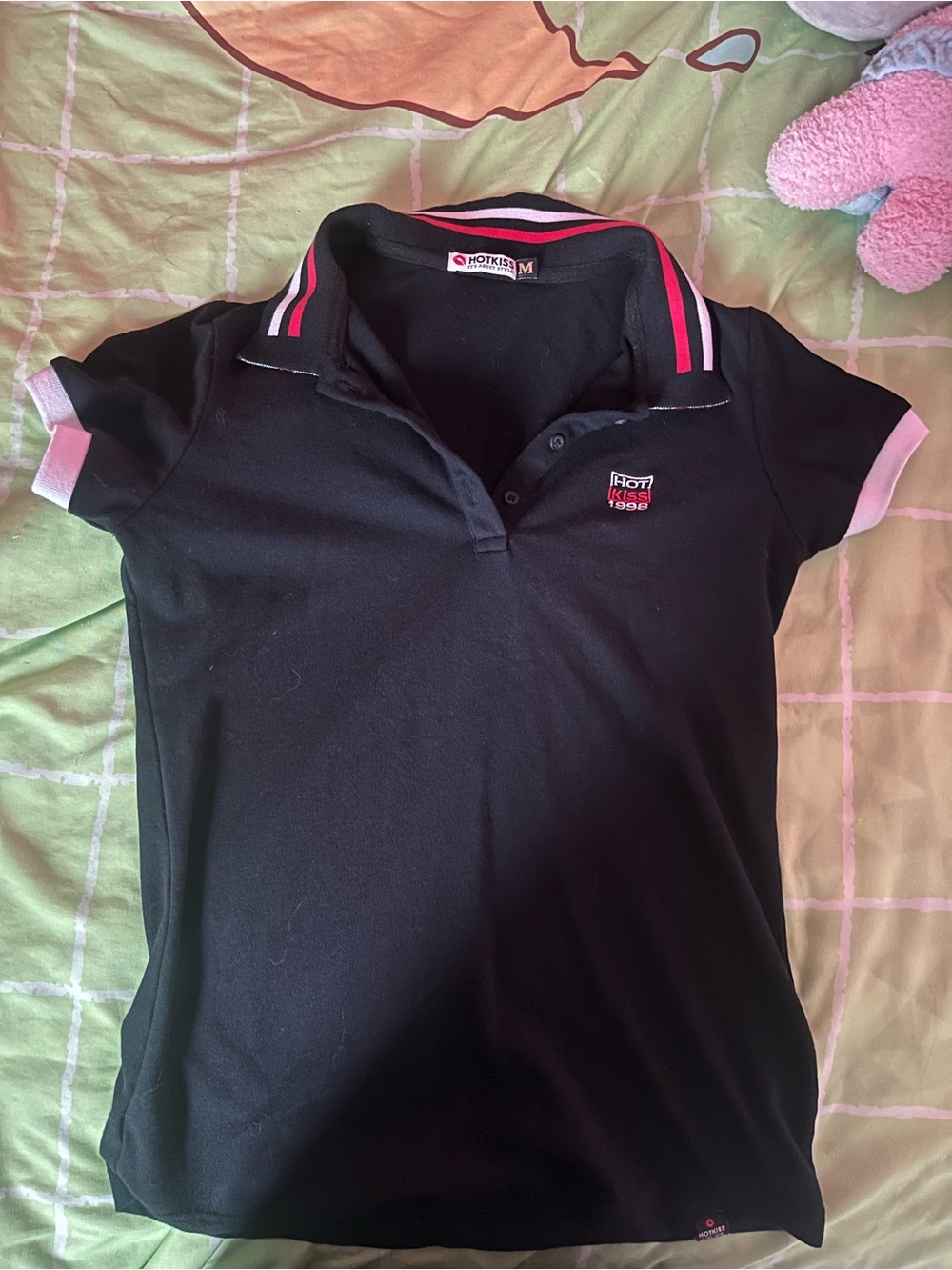 Black Polo Top with Pink Trim Hot Kiss medium